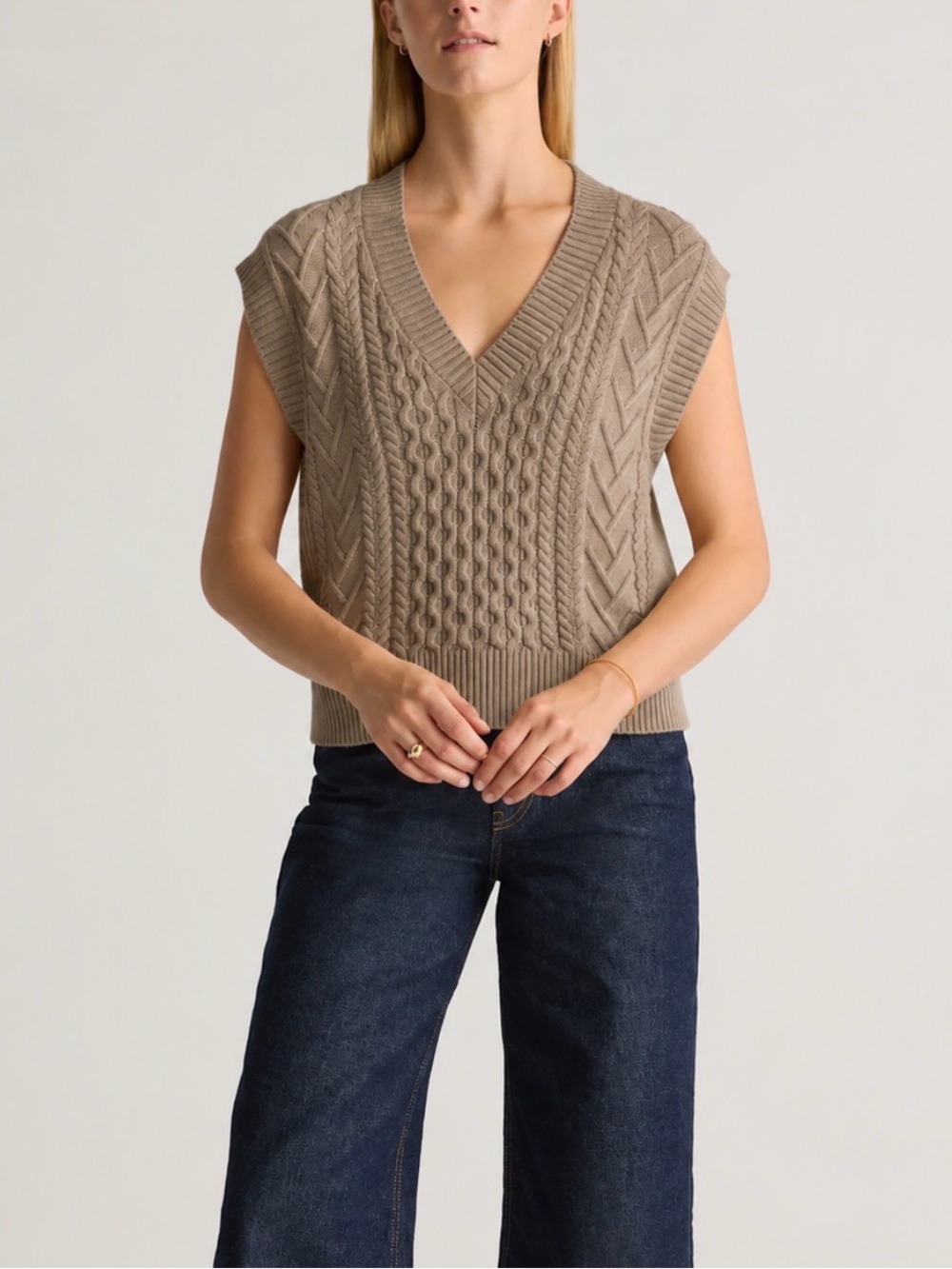 Quince Australian Morino Wool Taupe Cable-Knit V-Neck Sweater Vest Malted Toffee